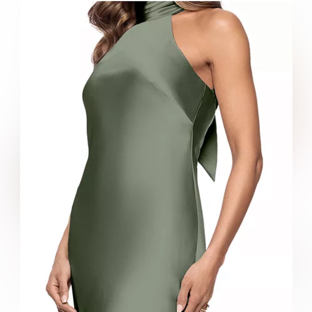 NEW AQUA Olive Green Halter Sleeveless Satin Gown - Size 2 - Picture 3 of 12